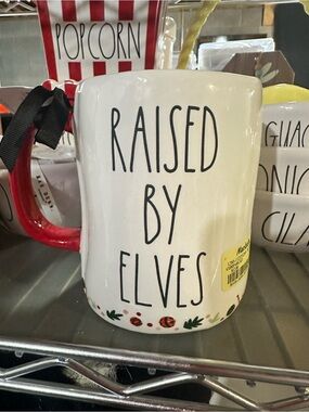Rae Dunn ELF White Ceramic Mug with Red Handle - "RAISED BY ELVES"
